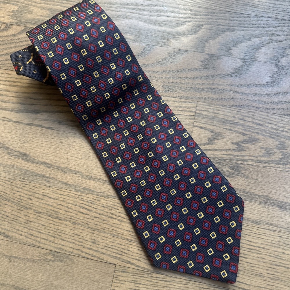 Vintage Tommy Hilfiger Men's 100% Silk‎ Tie Geometric Navy Blue Red & Gold Check
